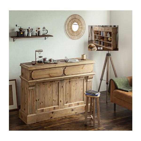 北海道 沖縄 離島へは配達不可です。幅150奥行45高90cm。背面に引出し及びオープンラック付き。引出しはスライドレールつき。本体古材パイン天然木。取っ手スチール。耐荷重 天板50kg 棚板5kg 引出し 5kg。フレンチカントリーテイス...