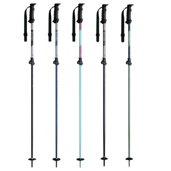 上段下段共にアルミシャフトの伸縮式スキーポール。親指をグリップ上部に乗せやすい形状のグリップが特徴。■カラー：BK、NV、MT、GM(ガンメタ)、KH(KK カーキ)■サイズ：100-125cm(フリーサイズ)■シャフト：アルミ合金材 16...