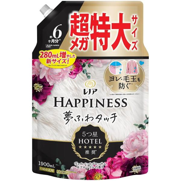 他サイト： レノア ハピネス 夢ふわタッチ 柔軟剤 ヴェルベットブロッサム＆フローラル 詰め替え 1900mL 大容量 1個 送料無料 消臭 静電気防止 5つ星ホテル推奨の商品画像