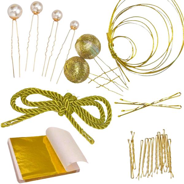 ★【商品番号】ac1109-8★【内容】パールヘアピン４本、金アメピン１０本、組紐80cm、金箔３枚、水引３本（1本あたり長さ90CM）、鞠２本（3cm）★　自由にアレンジできヘアパーツセット★　ヘアスタイルや気分に合わせて、1本ずつ自由に...