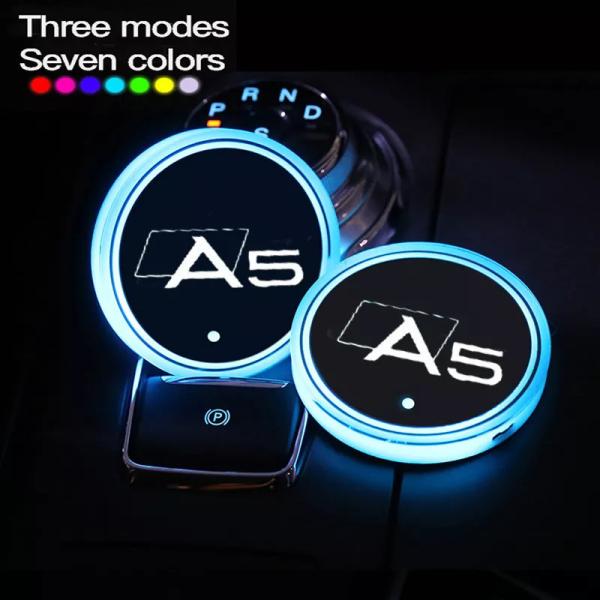 2個自動車 付属品7カラフル usb車 ロゴLEDライトカップ発光コースターホルダーアウディA5スポーツバッククーペB8 B9