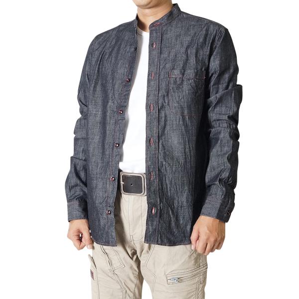 宇迦-児島デニムジーンズ　ダンガリースタンドカラーシャツ長袖　6オンス日本製 メンズ シャツ 長袖 宇迦 児島デニム ダンガリーシャツスタンドカラー