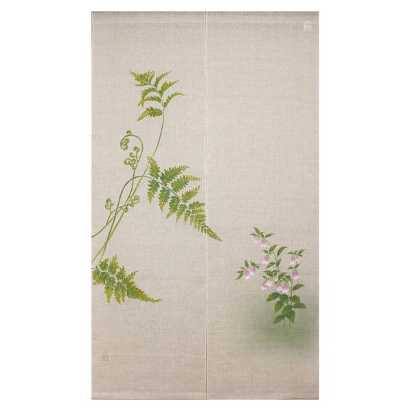 ●新品・麻混手描き六瓢福雀のれん 2枚セット丈150cm丈170㎝● 暖簾 のれん 麻100％ 手描きのれん 蛍袋にシダ UN-a-513 88