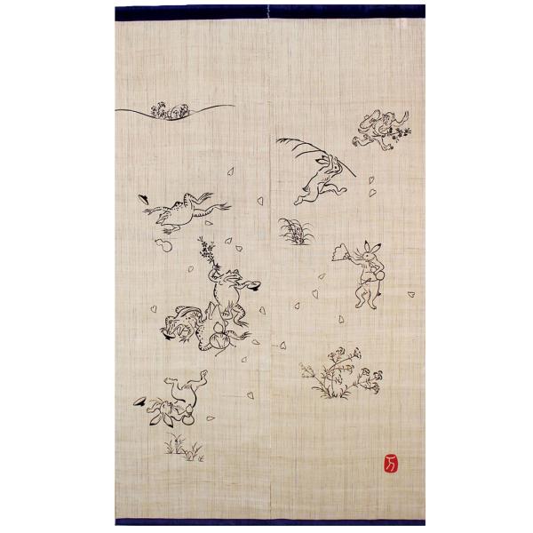 暖簾 のれん 麻100％ 鳥獣戯画のれん 宴 UN-H-389 88×150cm 日本製
