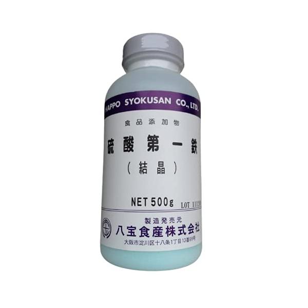 【商品名】　八宝食産 硫酸第一鉄 結晶 500g 7水和物 【商品説明】　・インク、栄養ドリンクやサプリメントなどにも使用されています。・別名、硫酸鉄ともいいます。・加工豆の色を、きれいな黒色にしたり、野菜や果物の変色を予防するために使用さ...