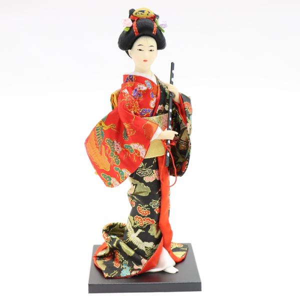 日本人形 舞妓 笛 黒赤 金襴衣裳 舞踊人形 9インチ J0968