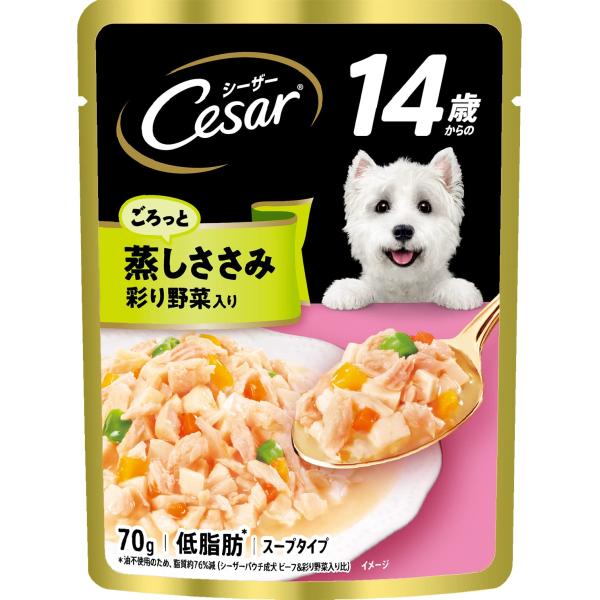 他サイト： シーザー パウチ シニア犬用 14歳からの 蒸しささみ 野菜入り 70g×16個 (まとめ買い) ドッグフード・ウェットの商品画像