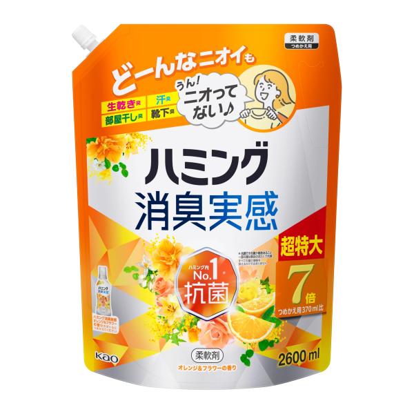他サイト： ハミング 【大容量】消臭実感 柔軟剤 つめこみ洗いも、部屋干しも、無敵消臭! 内Nｏ.1抗菌 オレンジ&amp;フラワーの香り つめかえ用 2，600mlの商品画像