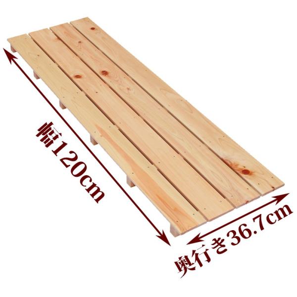 お風呂、玄関、ベランダ、押入れ、倉庫など様々な用途に使用できるすのこです。●商品サイズ(約)：幅120×奥行36.7×高さ4cm●重量(約)：2.5kg●材質：国産ひのき●板幅（約）：85mm●板の厚さ：10mm●板の隙間(約)：9mm関連...