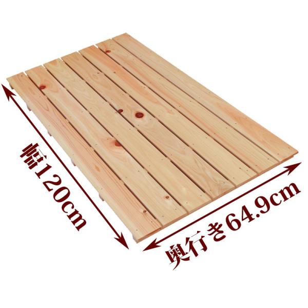 お風呂、玄関、ベランダ、押入れ、倉庫など様々な用途に使用できるすのこです。●商品サイズ(約)：幅120×奥行64.9×高さ4cm●重量(約)：4.4kg●材質：国産ひのき●板幅（約）：85mm●板の厚さ：10mm●板の隙間(約)：9mm関連...