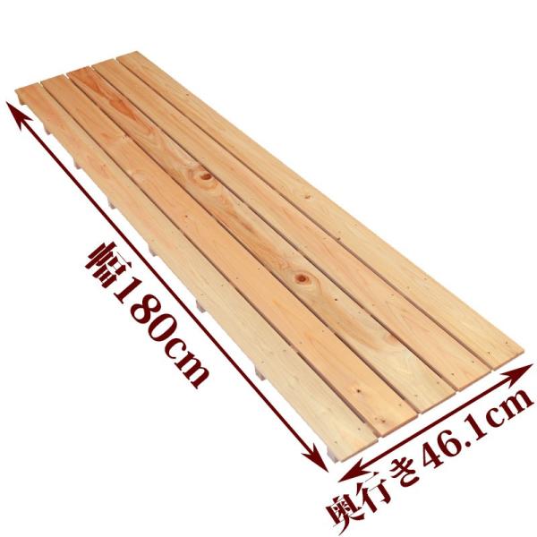 お風呂、玄関、ベランダ、押入れ、倉庫など様々な用途に使用できるすのこです。●商品サイズ(約)：幅180×奥行46.1×高さ4cm●重量(約)：4.6kg●材質：国産ひのき●板幅（約）：85mm●板の厚さ：10mm●板の隙間(約)：9mm関連...