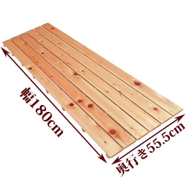 お風呂、玄関、ベランダ、押入れ、倉庫など様々な用途に使用できるすのこです。●商品サイズ(約)：幅180×奥行55.5×高さ4cm●重量(約)：5.5kg●材質：国産ひのき●板幅（約）：85mm●板の厚さ：10mm●板の隙間(約)：9mm関連...