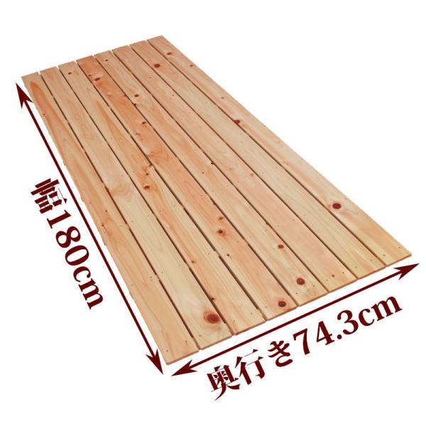 お風呂、玄関、ベランダ、押入れ、倉庫など様々な用途に使用できるすのこです。●商品サイズ(約)：幅180×奥行74.3×高さ4cm●重量(約)：7.3kg●材質：国産ひのき●板幅（約）：85mm●板の厚さ：10mm●板の隙間(約)：9mm関連...