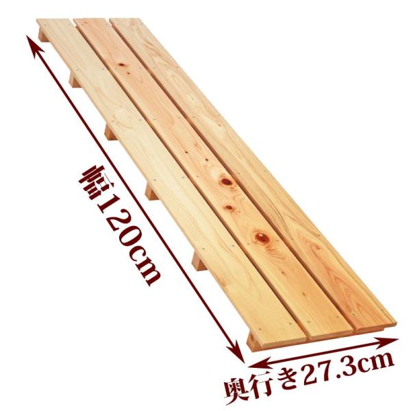 お風呂、玄関、ベランダ、押入れ、倉庫など様々な用途に使用できるすのこです。●商品サイズ(約)：幅120×奥行27.3×高さ4cm●重量(約)：1.9kg●材質：国産ひのき●板幅（約）：85mm●板の厚さ：10mm●板の隙間(約)：9mm関連...