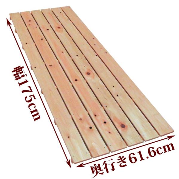 国産ひのきを使用したすのこです。節穴がありますが、強さは通常のものとほとんど変わりません。倉庫などに敷かれる場合は、こちらがお得です。 ひのきの香りと一緒にお届けいたします。●商品サイズ(約)：幅175×奥行61.6×高さ4cm●重量(約)...