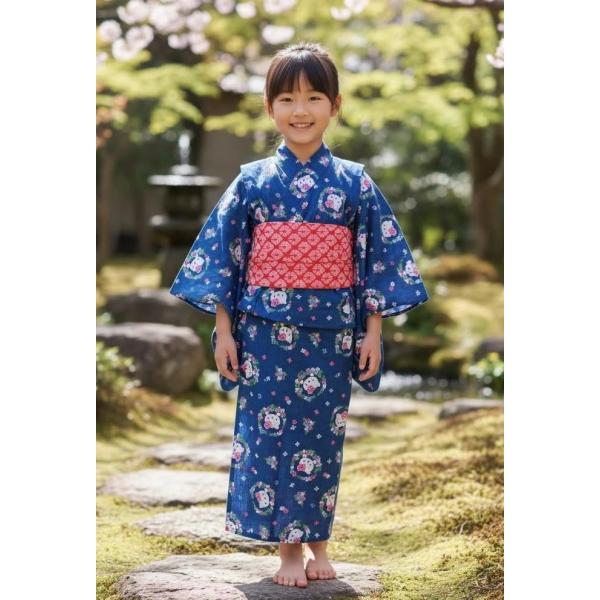 子供浴衣 ハローキティー 120 紺地 7歳〜8歳用アウトレット : 京都 