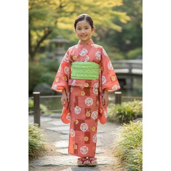 子供浴衣　ハローキティー　130 撫子レンガ　9歳〜10歳用アウトレット