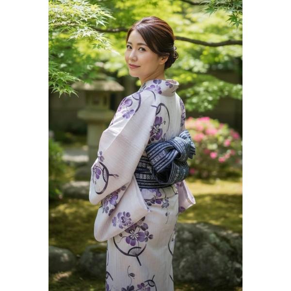 綿麻浴衣　仕立て上り浴衣　生成りクローバー　麻30％　プレタ浴衣　フリーサイズ　浴衣単品