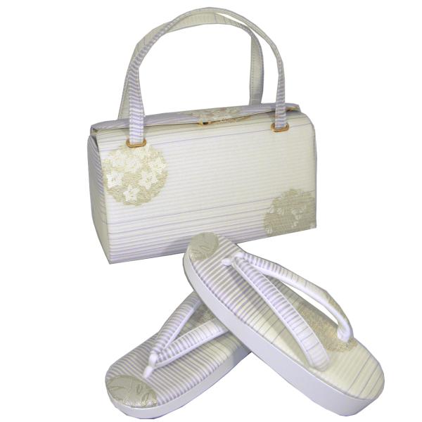 <美品>　夏物　正絹　絽　草履・バッグセット 夏用 草履バッグセット 正絹帯地絽唐織 花丸 薄紫 和装用草履バッグ