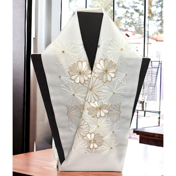 刺繍半衿 白金地菊 シルエリー（新合繊） 振袖用・留袖・訪問着 振袖用半襟 成人式 半衿　