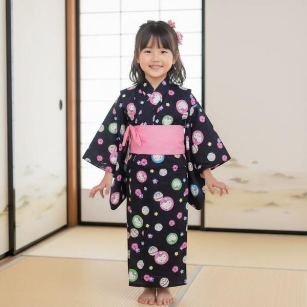 子供浴衣　ハローキティー　110 黒地丸柄　５歳〜６歳用アウトレット