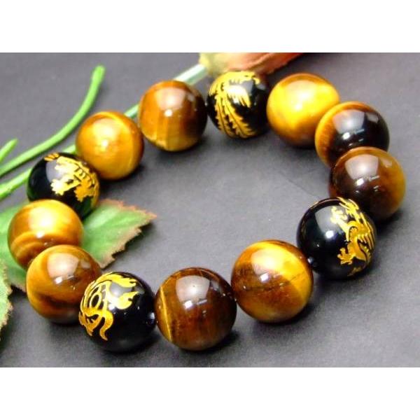 四神金彫り水晶ブレス パワーストーン タイガーアイ 虎目石 16mm