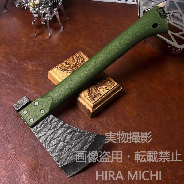 キャンプ用ハンドアックス 鍛造デザイン グリーングリップ ブッシュクラフト用 アウトドアギア 薪割り対応 頑丈設計 携帯用 焚き火用 多用途キャンプツール