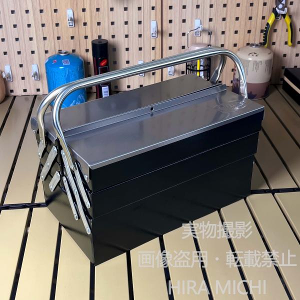 ツールボックス 3段 折りたたみ スチール製 大容量 両開き 工具箱 持ち手付き DIY 工具収納 車載収納 キャンプ用品 ブラック
