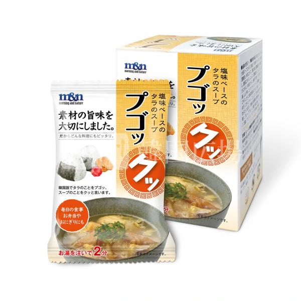 [名称]　乾燥スープ[原材料]　乾燥タラエキス、デキストリン、しょうゆ、にんにく、タラ粉末、食塩、でん粉、米粉、野菜濃縮エキス、うきみ・具（もやし、大根、ねぎ、スクランブルエッグ、乾燥タラ、唐辛子）/調味料（核酸）、増粘剤（キサンタン）、（...