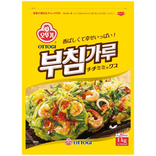 [名称]　チヂミ粉 [原材料名]　小麦粉、サツマイモでん粉、ベーキングパウダー、食塩、米粉、ニンニク粉末、黒胡椒、リボフラビン(ビタミンB2) [内容量]　1kg[賞味期限]　別途記載  [保存方法]　直射日光及、高温多湿をお避けください。...