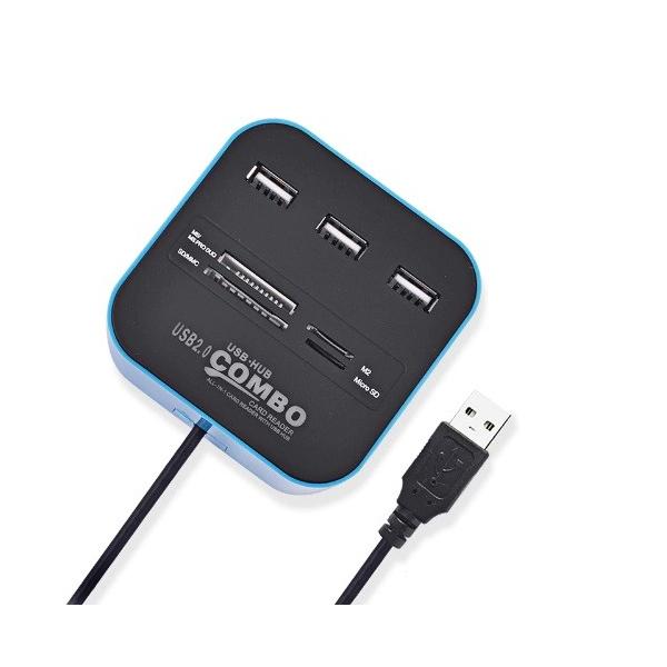 USB2.0 コンボ カードリーダー USBハブ 《ブルー》 3ポート micro SD メモリースティック MMC _