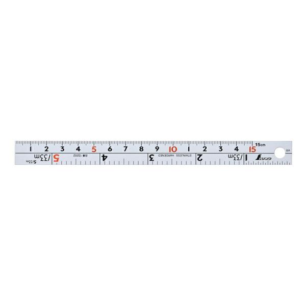 直尺  シルバー  １５cm  併用目盛  Ｗ左基点  cm表示赤数字入　 13202　広島工具　シンワ測定