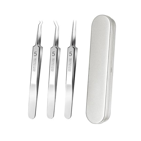 【角栓取り専用3個セット】 本製品には精密先細直型ピンセット*1、精密先細斜め型ピンセット*1、精密先細曲り型ピンセット*1、収納ケース*1日本語説明書*1。角栓取り専用ピンセットは毛穴ゴミをきれいにするために設計されており、黒ずみ、脂肪粒...