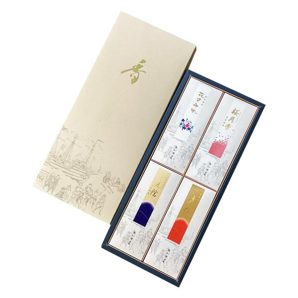 白檀や沈香などの香木を贅沢に使った、老舗・玉初堂の香りの詰合せ。ほんのり甘い「桜月季」、みずみずしく清らかな「清涼光陰」、愛らしくやさしい「花すみれ」、重厚感のある「光陰」の4種セット。高級感ある化粧箱入りで、ご自宅用はもちろん進物用にも最...