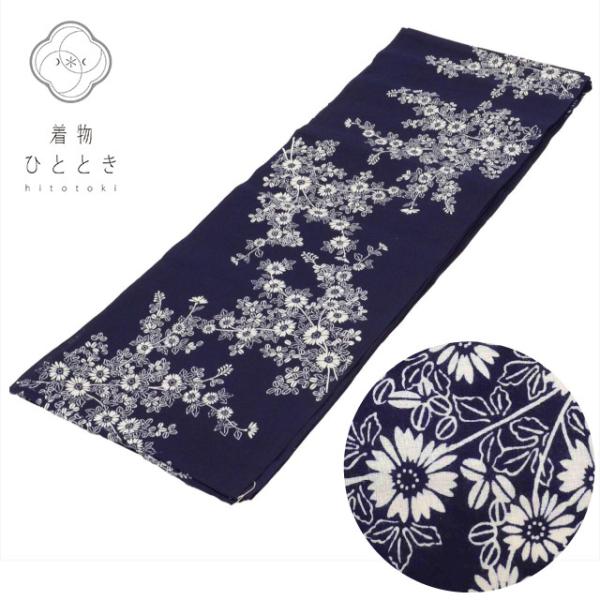 浴衣 反物 夏 木綿 リサイクル着物 紺色系 萩 花文様 女物