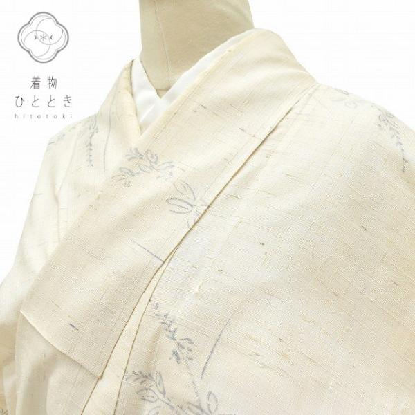 リサイクル着物 夏着物 紬 正絹 植物文様 生紬 白系 中古 ll0434c