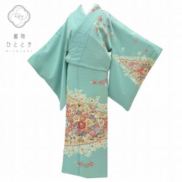 未使用品　小紋着物　単衣　広衿　丹後ちりめん　仕付け糸　裄64.5　丈162.5 未使用品 小紋着物 単衣 広衿 丹後ちりめん 仕付け糸 裄64.5 丈