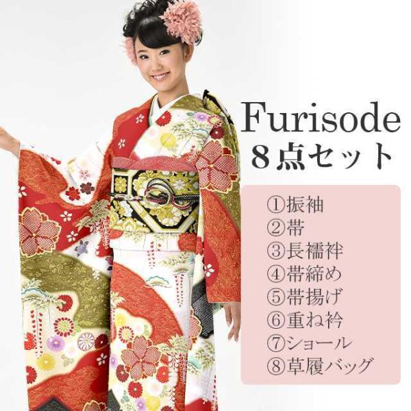 振袖1式 セット 着物 襦袢 袋帯 帯揚げ 帯締め フェザーショール 草履 鞄