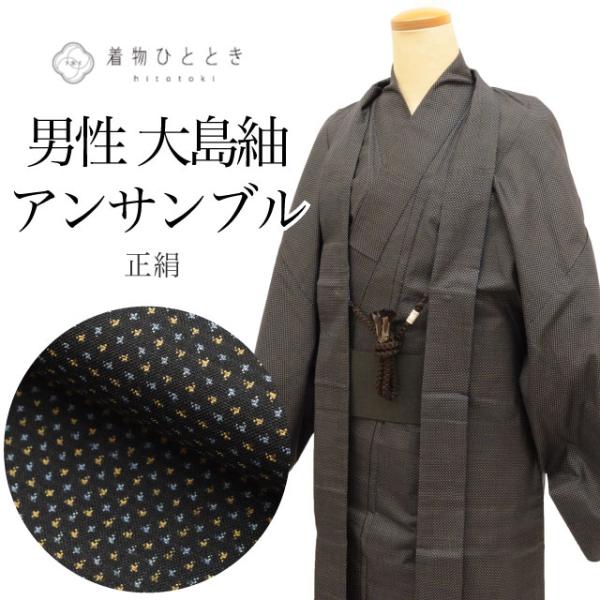 大島紬 正絹 身丈141cm M 裄66cm アンサンブル 男性 羽織 セット 黒色