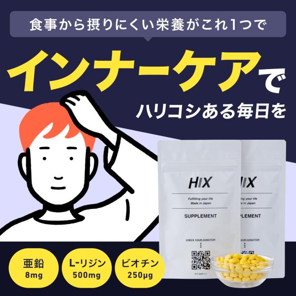 HIX（ヒックス）サプリメント（120粒30日分）2個セット　 亜鉛 L-リジン ビオチン ビタミンC ビタミンB タンパク質 hx00300002