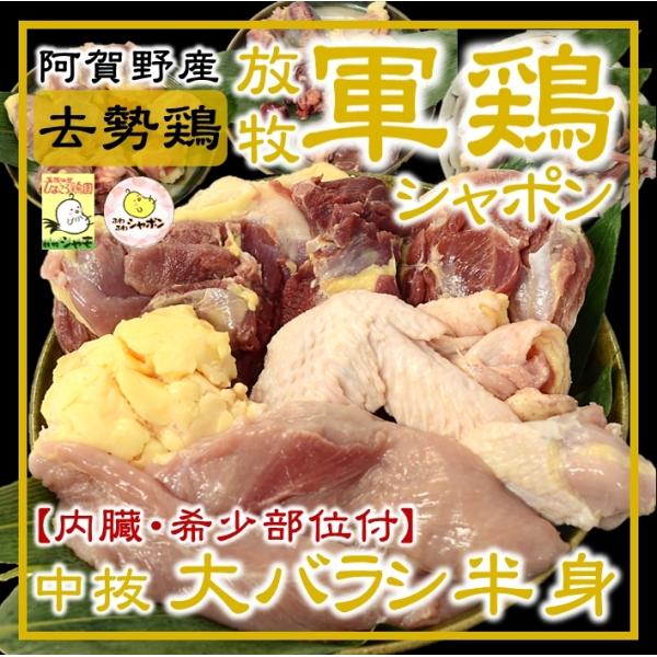 ※送料無料※放牧軍鶏シャポン中抜大バラシ半身(1.6kg〜)【内臓・希少部位付】