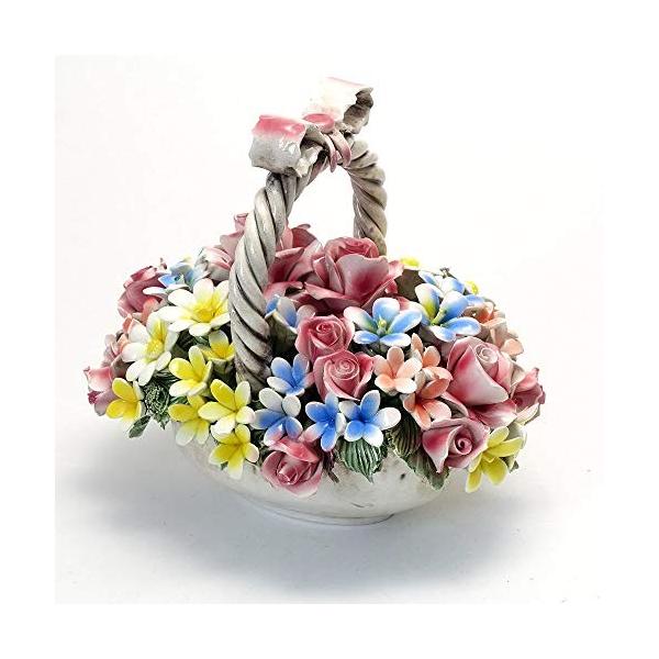 ヨーロッパインテリア カサピース オブジェ イタリア製 ローズアレンジメント レッド 陶花 倉庫 リボン ハンドル付