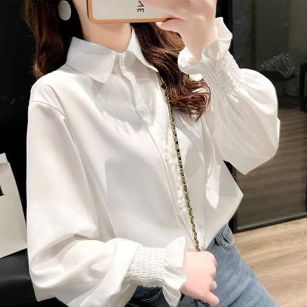 トップス ブラウス レディース シャツ フリル袖 ラッパ袖 長袖 オーバーシャツ  秋 春 大きめ BIG ゆったり 体型カバー おしゃれ
