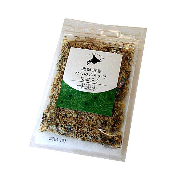 北海道産たらを使用した風味豊かな、昆布入りふりかけです。ごはんのお供やおにぎりなどにご使用ください。■原材料名：たら（北海道産）、ごま、昆布、パン粉、醸造酢、食塩／調味料（アミノ酸等）、甘味料（ソルビット、カンゾウ、ステビア）、（一部に小麦...