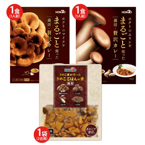 【ゆうパケット送料無料】ホクトのエリンギ・マイタケをまるごと使った菌活贅沢カレー、4種のきのこ（エリンギ・マイタケ・ブナシメジ・ひらたけ）が入った炊き込みご飯の素（各1個）のお試しセット！■ 商品名：1000円お試しセット(3種3品)■ セ...
