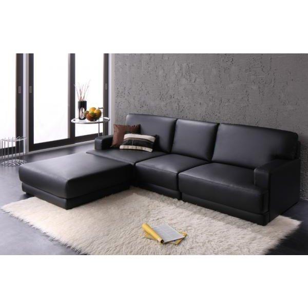 3人掛けカウチソファ オットマン付き 黒 皮 革