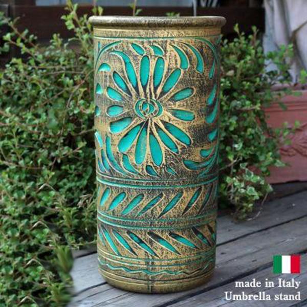 陶器 かさ立て イタリア製 アンブレラスタンド グリーン×ゴールド