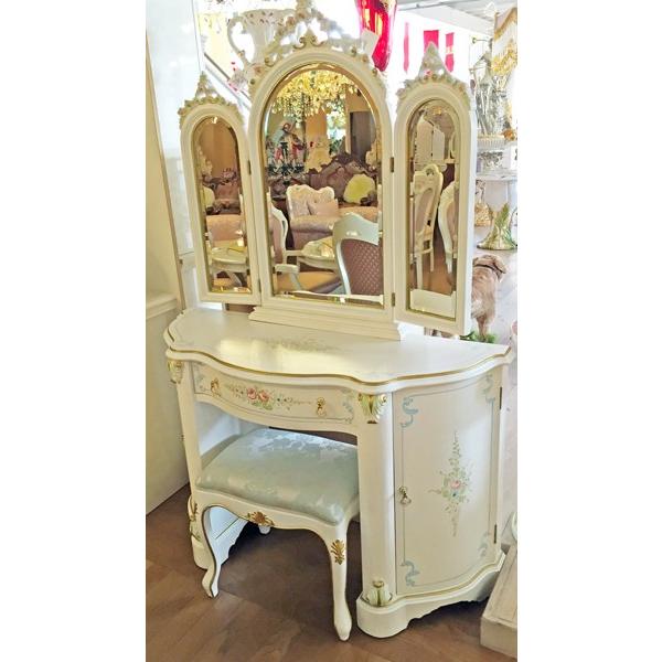 ロココ調家具 ドレッサー 三面鏡 イス付き 白家具 アンティーク ロココ調家具 ドレッサー 三面鏡 イス付き 白家具 アンティーク