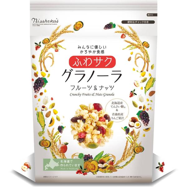 ふわっ、サクッとした新食感のフルーツ＆ナッツのグラノーラを北海道産てんさい糖と青森産りんご果汁で味付けしました。オートミールは食べにくいという方は主原料はオーツ麦（えん麦）の本品から始めてみませんか？賞味期間：製造より9ヶ月原材料情報オーツ...