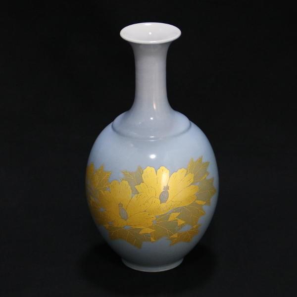 吉田美統【人間国宝】九谷焼花瓶 釉裏金彩芙蓉文 水色 : 北山堂